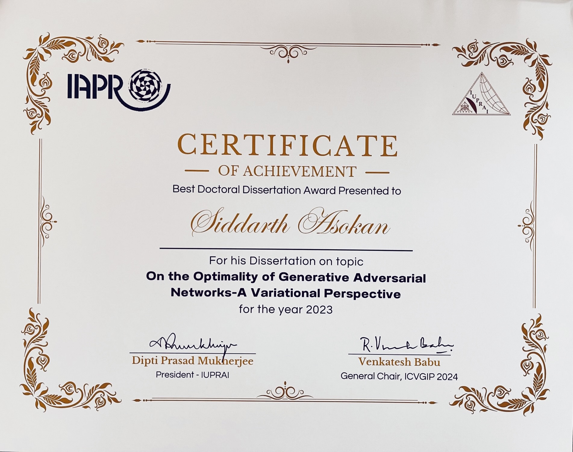 Image of Siddarth Asokan's Certificate for the IUPRAI DDA